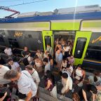 Pilgrims are seen leaving a packed train July 12, 2026, as they arrive at Castel Gandolfo, Italy, ahead of Pope Leo XIV's Sunday Angelus. (OSV News photo/Jan Guzik)