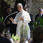 Pope Leo XIV speaks at a lunch with vulnerable people from the Diocese of Rome at Borgo Laudato Si, in the pontifical gardens of Castel Gandolfo, Italy, July 11, 2026. (OSV News photo/Elisabetta Trevisan, Vatican Media)
