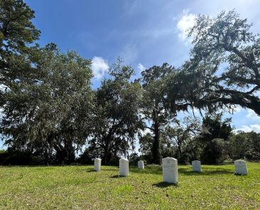 Monuments to British soldiers sit on the Fort King George State Historical Site in Darien, Ga., May 26, 2026. Before the British, the site was home to an early Spanish mission, where it is believed Pedro de Corpa and Companions, also known as the Georgia Martyrs, lived and ministered to the native Guale people. (OSV News photo/Gretchen R. Crowe)