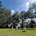 Monuments to British soldiers sit on the Fort King George State Historical Site in Darien, Ga., May 26, 2026. Before the British, the site was home to an early Spanish mission, where it is believed Pedro de Corpa and Companions, also known as the Georgia Martyrs, lived and ministered to the native Guale people. (OSV News photo/Gretchen R. Crowe)