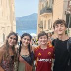 Young American Catholics with the Catholic federation Regnum Christi in Dallas, Sara Mora, 25, Kristin Velasquez, 27, Brady Morgan, 15, Jack Lebon, 15, were full of excitement after seeing Pope Leo XIV in Castel Gandolfo, Italy, July 19, 2026. (OSV News photo/Courtney Mares)