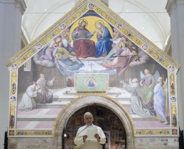 Pope Leo XIV stands in front of the Porziuncola inside the Basilica of St. Mary of the Angels in Assisi, Italy, to address members of the Italian bishops' conference Nov. 20, 2025,
who were holding the final session of their fall meeting. The small chapel inside the basilica is where St. Francis founded the Franciscan order. (CNS photo/Vatican Media)