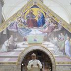 Pope Leo XIV stands in front of the Porziuncola inside the Basilica of St. Mary of the Angels in Assisi, Italy, to address members of the Italian bishops' conference Nov. 20, 2025,
who were holding the final session of their fall meeting. The small chapel inside the basilica is where St. Francis founded the Franciscan order. (CNS photo/Vatican Media)