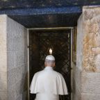 Pope Leo XIV visits the tomb of Sts. Benedict and Scholastica during a visit to Benedictine Abbey of Montecassino in the town of Cassino, Italy, July 20, 2026. (OSV News photo/Simone Risoluti, Vatican Media)