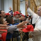 Pope Leo XIV waves as he meets May 16, 2026, with young Catholics from the Italian Archdiocese of Genoa at the Vatican who are preparing to receive the sacrament of confirmation. (OSV News photo/Simone Risoluti, Vatican Media)