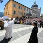 Pope Leo XIV greets visitors at the conclusion of the Angelus in Castel Gandolfo, Italy, July 20, 2025. Pope Leo will celebrate a public Mass every week of August after taking time to rest in Castel Gandolfo during the month of July. (CNS photo/Vatican Media)