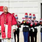 Pope Leo XIV reviews the honor guard during a welcome ceremony at the Prince's Palace of Monaco in Monte Carlo, Monaco, March 28, 2026, during his second apostolic journey. The Prince's Carabinieri Company was created in 1817. (CNS photo/Lola Gomez)