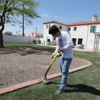 Mark Salgado, 18, of Phoenix, then-a first-year seminarian, trims the lawn outside Nazareth Seminary in Phoenix April 11, 2025. Released July 17, 2026, a new report highlights the growing mental health challenges that seminarians face and the need for better psychological care in seminaries; it also calls for bishops to focus on quality of seminarians, rather than number of men in formation for their dioceses. (OSV News photo/Bob Roller)