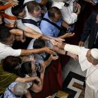 As the summer heat continues, Pope Leo XIV greets pilgrims before his weekly general audience inside St. Peter's Basilica at the Vatican Aug. 5, 2026. (CNS photo/Vatican Media)