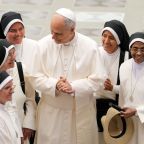 Pope Leo XIV greets religious sisters in the Paul VI Audience Hall at the conclusion of his weekly general audience at the Vatican Aug. 13, 2025. In a video message sent Aug. 12, 2026, to the Leadership Conference of Women Religious assembly in Orlando, Fla., Pope Leo encouraged sisters to foster vocations to religious life in the United States. (CNS photo/Lola Gomez)
