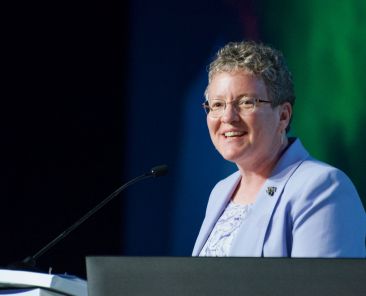 Sister Vicky Larson, president of the Leadership Conference of Women Religious, gives her presidential address Aug. 12, 2026, during LCWR's 70th anniversary assembly in Orlando, Fla. A member of the Presentation Sisters of South Dakota, Sister Vicky completed her one-year term as president at the close of the Aug. 11-14 assembly. (OSV News photo/Dan Stockman, Global Sisters Report)