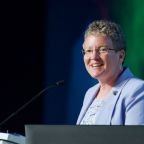 Sister Vicky Larson, president of the Leadership Conference of Women Religious, gives her presidential address Aug. 12, 2026, during LCWR's 70th anniversary assembly in Orlando, Fla. A member of the Presentation Sisters of South Dakota, Sister Vicky completed her one-year term as president at the close of the Aug. 11-14 assembly. (OSV News photo/Dan Stockman, Global Sisters Report)