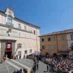 Pope Leo XIV leads the Angelus prayer in Piazza della Liberta in Castel Gandolfo, near Rome, Italy, Aug. 15, 2026, after celebrating the Mass for the Solemnity of the Assumption of the Blessed Virgin Mary. During his address to pilgrims, the pope prayed for peace in the Holy Land, Ukraine and Russia. (OSV News photo/Francesco Fotia, Reuters)