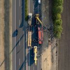 A drone view shows firefighters working on the scene of a deadly accident near Mezokeresztes, Hungary, Aug. 16, 2026, where a bus carrying Polish pilgrims veered off the motorway and overturned. Pope Leo XIV and the bishops of Poland and Hungary mourned the loss of several pilgrims who died in the Aug. 16 crash as they were returning home from Medjugorje. (OSV News photo/MTI/Zoltan Mathe pool via Reuters)
EDITORS: NO USE IN HUNGARY. NO COMMERCIAL OR EDITORIAL SALES IN HUNGARY.