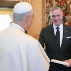 Pope Leo XIV meets with Supreme Knight Patrick E. Kelly of the Knights of Columbus Oct. 6, 2025, during an audience with a Knights delegation at the Vatican. On Aug. 25, 2026, Pope Leo appointed Kelly as a member of the Dicastery for the Laity, Family and Life. (CNS photo/Vatican Media)