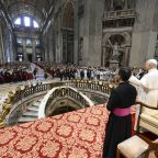 Pope Leo XIV greets visitors and pilgrims during his weekly general audience in St. Peter's Basilica at the Vatican Aug. 26, 2026. (CNS photo/Vatican Media)