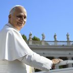Pope Leo XIV smiles as he greets visitors and pilgrims from the popemobile while riding around St. Peter’s Square at the Vatican before his weekly general audience Sept. 9, 2026. (CNS photo/Vatican Media)