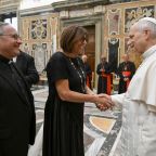 Pope Leo XIV greets Margaret Karram, president of the Focolare movement, during a private audience with members of the movement at the Vatican Sept. 9, 2026. In his remarks at the audience, the pope underlined the urgent need "to give witness to both the sense and service of unity" in an age "sadly marked by increasing polarization." (OSV News photo/Simone Risoluti, Vatican Media)
