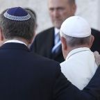 Rabbi Abraham Skorka of Buenos Aires, Argentina, and Pope Francis embrace after visiting the Western Wall in Jerusalem May 26, 2014. The rabbi was a close friend of Pope Francis from their native Argentina. (CNS photo/Paul Haring)
