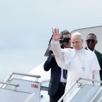 Pope Leo waves as he boards the papal plane at Yaoundé Nsimalen International Airport in Yaoundé, Cameroon, April 16, 2026. In November, Pope Leo will travel to to Peru, Argentina and Uruguay. It will be the first papal visit to Latin America of Pope Leo's pontificate and his longest international journey to date. (OSV News photo/Luc Gnago, Reuters)