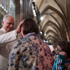 Pope Leo XIV blesses a woman as he celebrates Mass at the Metz Cathedral in France Sept. 28, 2026, the final day of his four-day apostolic journey to the country. (OSV News photo/Christian Hartmann, Reuters)