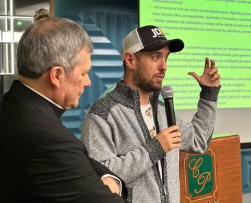 In this file photo, José Manuel De Urquidi (right) presents the "The Church Listens to You" ("La Iglesia te escucha") initiative alongside Msgr. Lucio Adrián Ruiz, then secretary of the Dicastery for Communication. Catholic influencers from around the world participated in the initiative, which gathered the opinions of more than 150,000 people via platforms such as Facebook, Instagram, YouTube, and TikTok. Most recently, De Urquidi founded Evangelization Lab, a hub for experimenting with evangelization methods, both online and in-person. (OSV News photo/courtesy of Juan Diego Network)