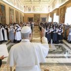 Pope Leo XIV gives his blessing to members of the Discalced Carmelite Sisters of the Holy Land, the Sisters of St. Catherine, the Salesian Missionaries of Mary Immaculate and the Sisters of St. Paul of Chartres at the end of an audience Sept. 22, 2025, at the Vatican. (CNS photo/Vatican Media)