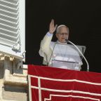 Pope Leo XIV waves as he leads the Angelus prayer in St. Peter's Square at the Vatican Oct. 11, 2026. (OSV News photo/Elisabetta Trevisan, Vatican Media)