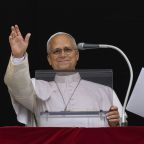 Pope Leo XIV gestures as he leads the Angelus in St. Peter's Square at the Vatican Oct. 18, 2026, after being released from the hospital the previous day. Lead surgeon Dr. Stefano Margaritora said the pope's recovery is progressing normally and that there is no medical reason to cancel his planned Nov. 6-17 trip to South America. (OSV News photo/Matteo Pernaselci, Vatican Media)