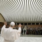 Pope Leo XIV greets participants Oct. 22, 2026, at the Vatican's student ministry conference in the Paul VI Hall at the Vatican. The pope addressed the challenges facing young people today as many struggle with "digital loneliness," broken families, and feeling "paralyzed by the fear of making mistakes" when performance-driven culture turns ruthless. (OSV News photo/Simone Risoluti, Vatican Media)