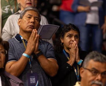 Francisco Gracia, a parishioner of St. Edward Catholic Parish in Dallas, holds his hands in prayer during the opening Mass for the Diocese of Dallas Parish Leadership Conference 2026, "Missionary Discipleship: Called and Sent Forth," held Oct. 3 at Bishop Lynch High School. (MICHAEL GRESHAM/The Texas Catholic)